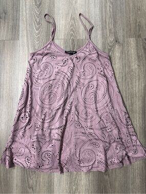 Living Doll LA Laser Cut Swing Mini Dress Purple Boho Festival Faux Suede L